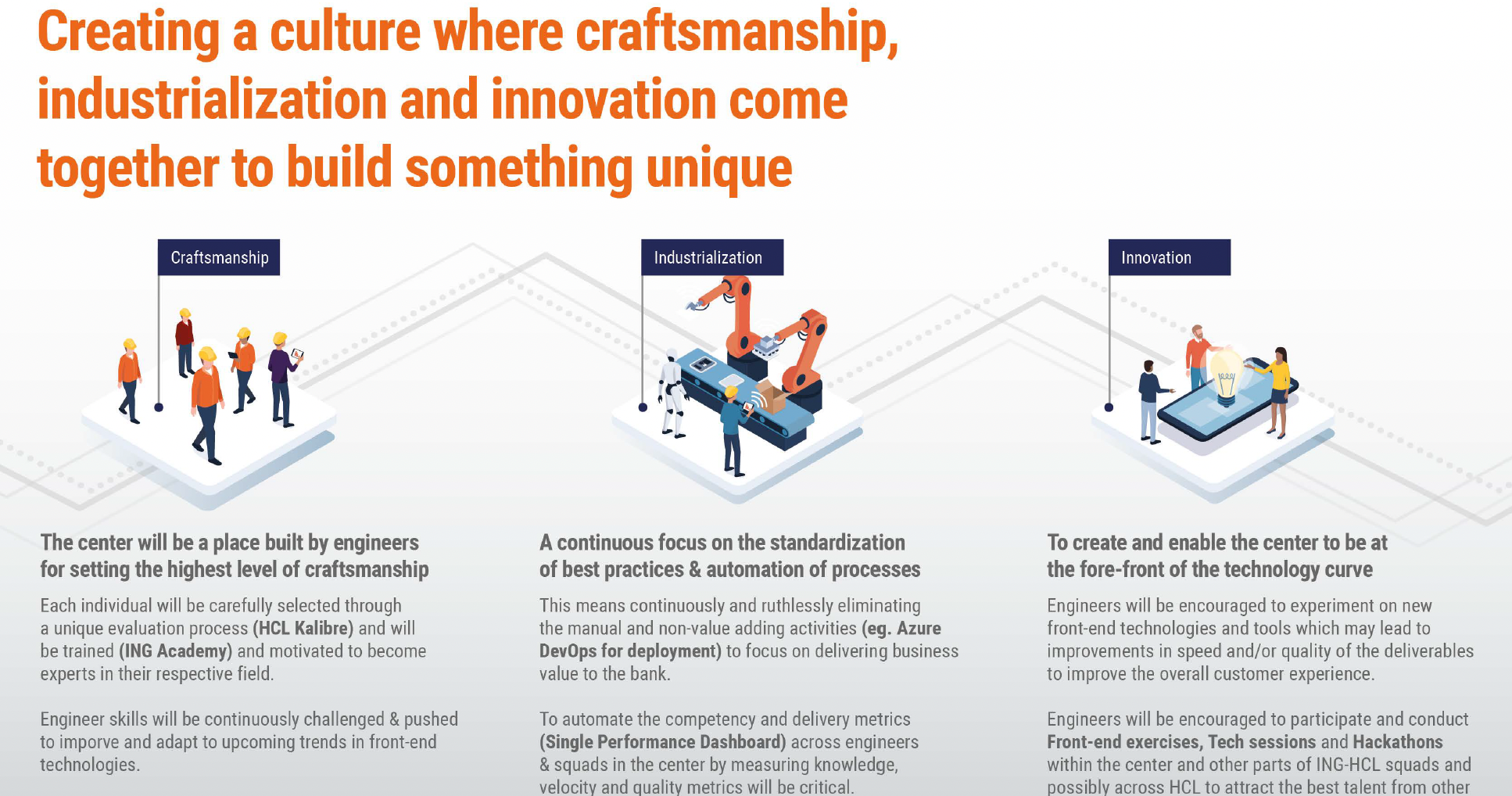 Slide describing the centre’s three pillars: craftsmanship, industrialisation and innovation, each with an illustration.